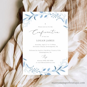 Confirmation Invitation Template, Light Blue Foliage, Editable, Blue Confirmation Invitation Card, Printable, Templett INSTANT Download