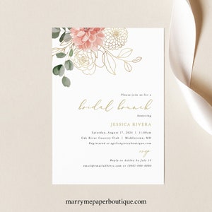 Bridal Brunch Invitation Template, Blush & Gold Flowers, Bridal Shower Brunch Card Invite, Printable, Templett INSTANT Download, Editable
