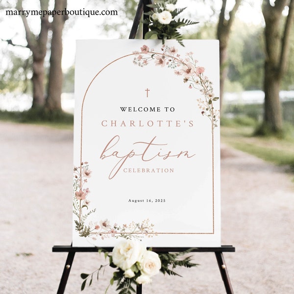 Baptism Welcome Sign Template, Rustic Pink Flowers Arch, Blush Welcome To The Baptism Sign, Printable, Templett INSTANT Download, Editable