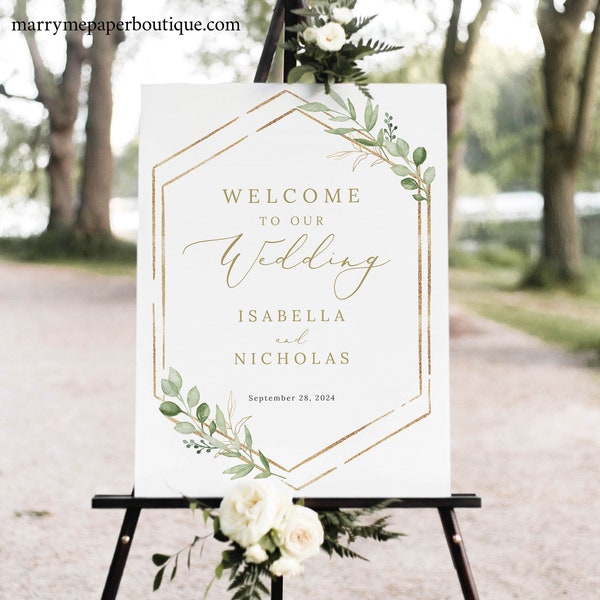 Wedding Welcome Sign Template, Greenery Hexagonal, Order Edit & Download In Minutes, Try Before Purchase