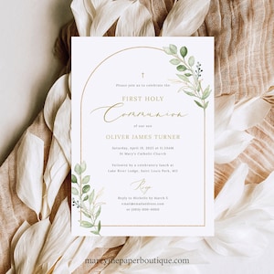 First Holy Communion Invitation Template, Greenery Arch, 5x7, Editable Greenery First Communion Invite, Printable, Templett INSTANT Download