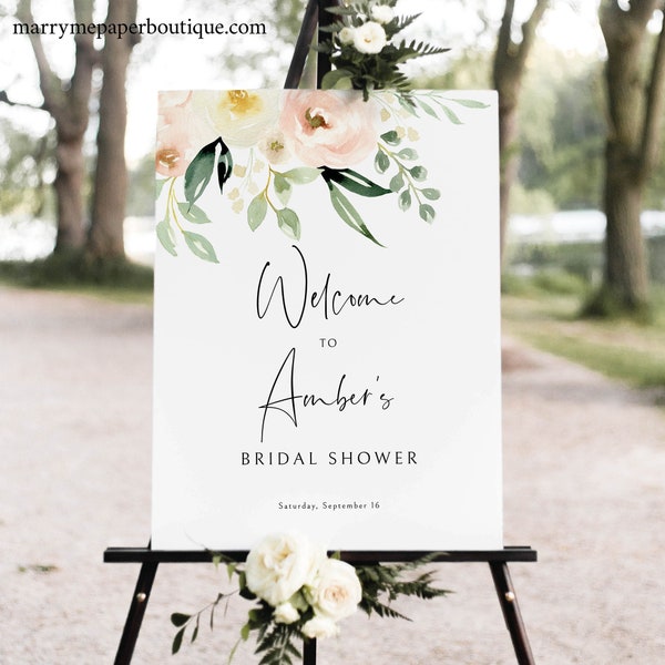 Bridal Shower Welcome Sign Template, Printable Sign, Templett Instant Download, Try Before Purchase, Pink Floral Greenery Ivory