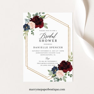 Bridal Shower Invitation Template, Templett Printable, Editable Instant Download, Burgundy Navy