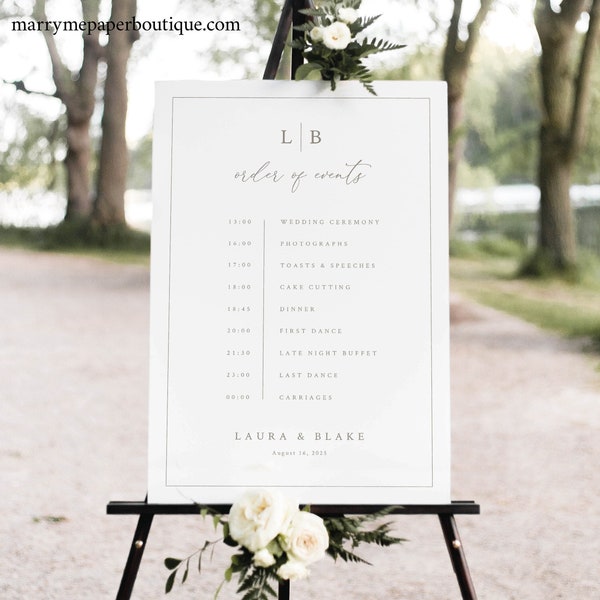 Wedding Timeline Sign Template, Wedding Monogram & Border, Editable Itinerary Sign, Order of Events, Printable, Templett INSTANT Download