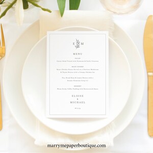 Wedding Menu Template, Leaf Monogram Border, Elegant Wedding Monogram, Table Menu Card, Printable, Editable, Templett INSTANT Download