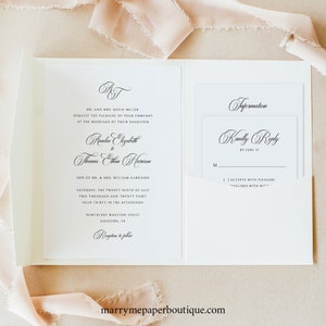Wedding Invitation Template Set, Traditional Wedding Calligraphy, Monogram, Pocketfold Wedding Invite Suite, Templett INSTANT Download