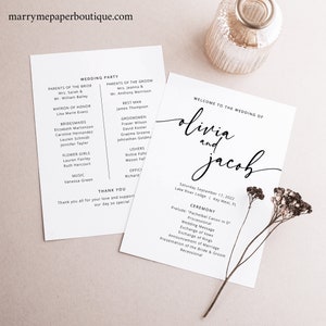 Wedding Program Template, Modern Wedding Ceremony Program Printable, Modern Calligraphy,  Editable, 5x7, Templett INSTANT Download