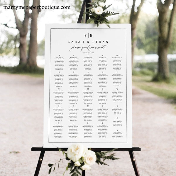 Alphabetical Wedding Seating Chart Template, Minimalist Wedding Monogram, Alphabet Seating Plan Sign, Printable, Templett INSTANT Download