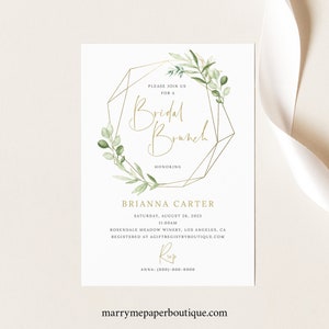 Bridal Brunch Invitation Template, Greenery Gold, Printable Bridal Shower Brunch Invite, Templett INSTANT Download, Editable
