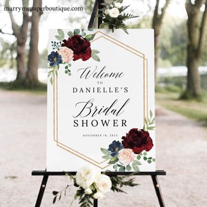 Bridal Shower Welcome Sign Template, Burgundy Navy, Templett Printable, Editable Instant Download