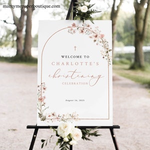 Christening Welcome Sign Template, Rustic Pink Flowers Arch, Printable, Welcome to the Christening Sign, Editable, Templett INSTANT Download