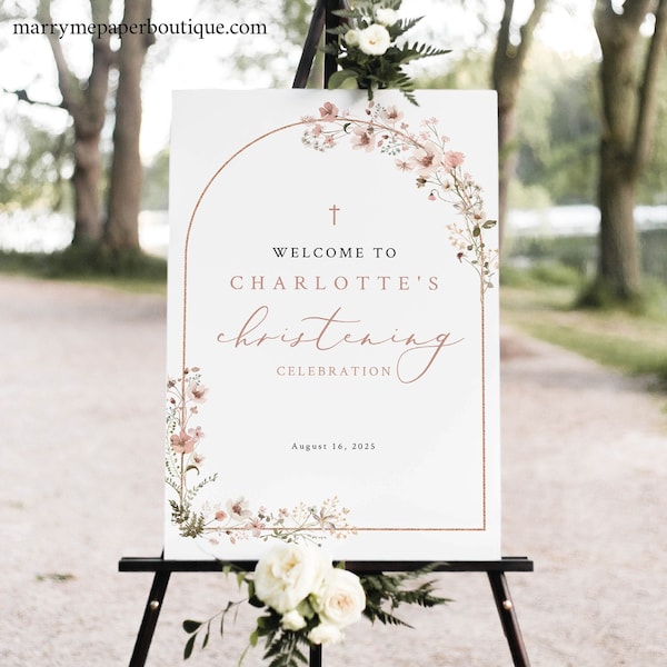 Christening Welcome Sign Template, Rustic Pink Flowers Arch, Printable, Welcome to the Christening Sign, Editable, Templett INSTANT Download