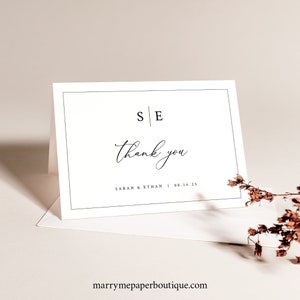 Thank You Card Template, Minimalist Wedding Monogram, Editable, Folding, Monogram Thank You Card, Printable, Templett INSTANT Download