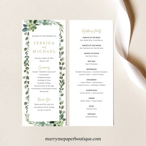 Wedding Program Template, Lush Greenery, Editable, Greenery Wedding Ceremony Program, Printable, Templett INSTANT Download image 1