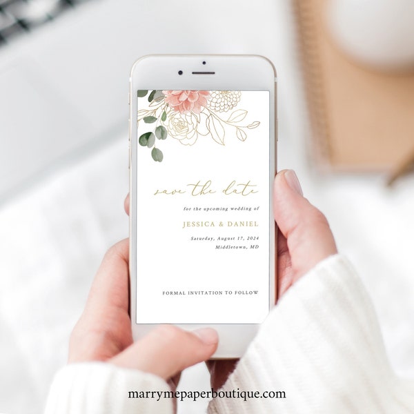 Digital Save the Date Invite Template, Blush & Gold Flowers, Editable, Electronic Save the Date Text Invitation, Templett INSTANT Download