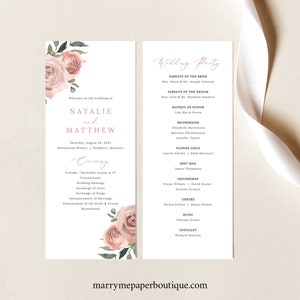 Wedding Program Template, Dusky Pink Floral, Wedding Ceremony Program, Printable, Dusty Pink, Templett INSTANT Download