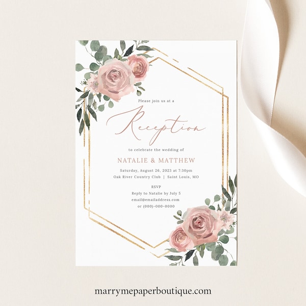 Reception Invitation Template, Dusky Pink Floral, Wedding Reception Invite, Printable, Dusty Pink, Templett INSTANT Download, Editable