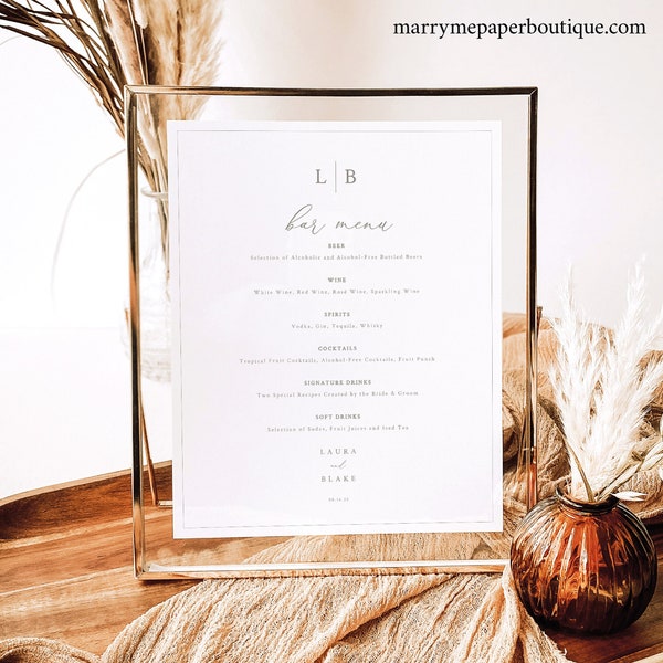 Bar Menu Template, Monogram & Border, Wedding Drinks Menu, Printable, Wedding Bar Menu, Editable, Templett INSTANT Download