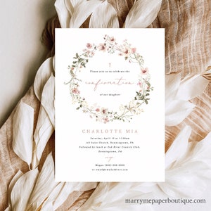 Confirmation Invitation Template, Rustic Pink Flowers, Editable, Pink Confirmation Invitation Card, Printable, Templett INSTANT Download