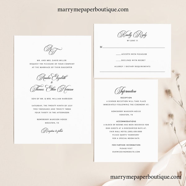 Wedding Invitation Template Set, Traditional Wedding Calligraphy, Monogram, Printable Wedding Invite Suite, RSVP, Templett INSTANT Download