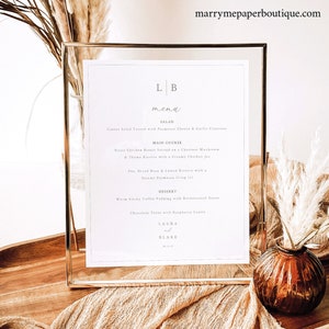 Wedding Menu Sign Template, Monogram & Border, Wedding Table Menu Sign, Printable, Editable 8x10 Menu, Templett INSTANT Download