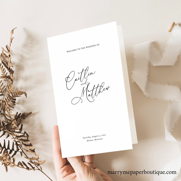 Calligraphy Wedding Program Template, Folding, Elegant Wedding Program, Printable,  Editable, Templett INSTANT Download