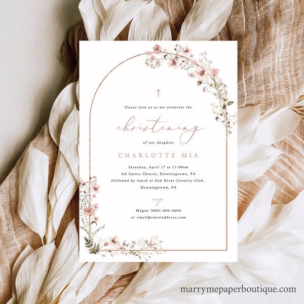 Christening Invitation Template, Rustic Pink Flowers Arch, Editable, Pink Floral Christening Invite, Printable, Templett INSTANT Download