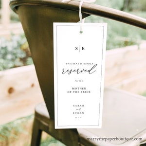 Reserved Seating Sign Template, Minimalist Wedding Monogram, Editable Seat Tag, Reserved Row Sign, Printable, 4x9, Templett INSTANT Download