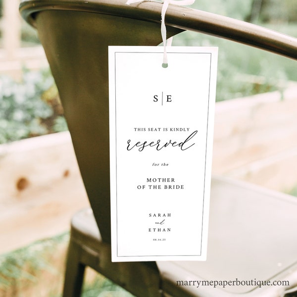 Reserved Seating Sign Template, Minimalist Wedding Monogram, Editable Seat Tag, Reserved Row Sign, Printable, 4x9, Templett INSTANT Download