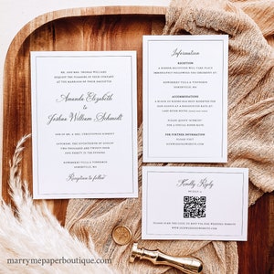 Wedding Invitation Template Set, Traditional Wedding Calligraphy, Border, Editable QR Code RSVP Reply, Printable, Templett INSTANT Download