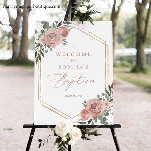 Baptism Welcome Sign Template, Dusky Pink Floral, Printable Baptism Sign, Templett INSTANT Download, Editable