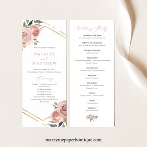 Wedding Program Template, Dusky Pink Floral, Wedding Ceremony Program, Printable, Editable, Templett INSTANT Download