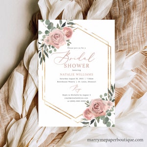 Bridal Shower Invite Template, Dusky Pink Floral, Bridal Shower Invitation Printable, Templett Instant Download, Try Before Purchase