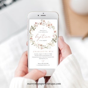 Digital Baptism Text Invitation Template, Rustic Pink Flowers, Pink Baptism Text Invite, Editable, Electronic, Templett INSTANT Download image 1