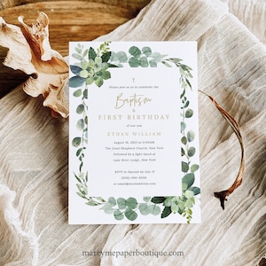 Baptism & First Birthday Invitation Template, Lush Greenery, Baptism Birthday Invite Printable, Editable, Templett INSTANT Download