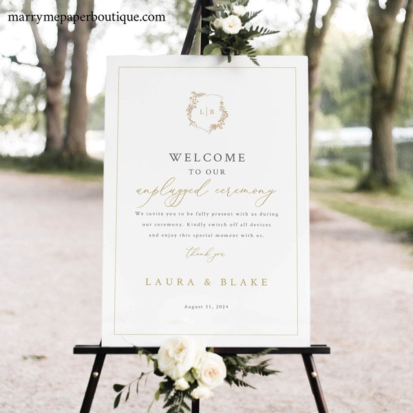 Unplugged Ceremony Sign Template, Gold, Wedding Crest & Monogram, Unplugged Wedding Sign, Printable, Templett INSTANT Download, Editable