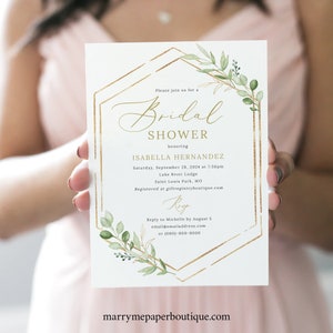 Bridal Shower Invitation Template, Greenery Hexagonal, Editable & Printable Instant Download, Templett, Try Before Purchase