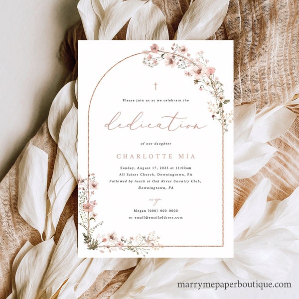 Dedication Invitation Template, Rustic Pink Flowers Arch, Editable, Printable, Pink Floral Dedication Invite Card, Templett INSTANT Download