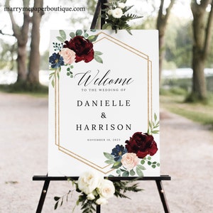 Wedding Welcome Sign Template, Burgundy Navy, Demo Available, Printable Editable Instant Download
