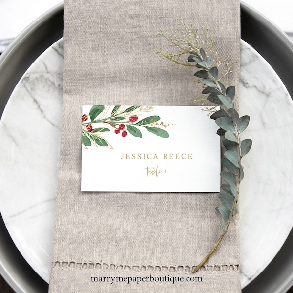 Winter Wedding Place Card Template, Christmas Wedding Seating Card Printable, Templett, Editable, Instant Download