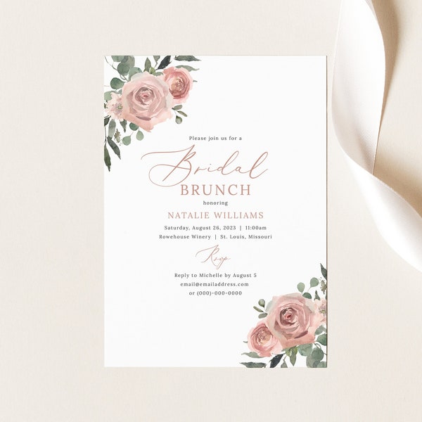 Bridal Brunch Invitation Template, Dusky Pink Floral, Bridal Shower Brunch Invite, Printable, Dusty Pink, Templett INSTANT Download