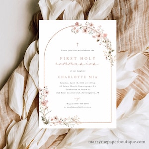 First Holy Communion Invitation Template, Rustic Pink Flower Arch, Editable First Communion Invite Card Printable, Templett INSTANT Download image 1