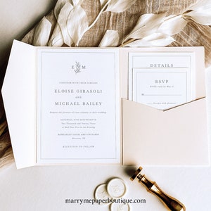Wedding Invitation Template Set, Pocketfold Design, Leaf Monogram Border, Wedding Invitation, Printable, Editable, Templett INSTANT Download