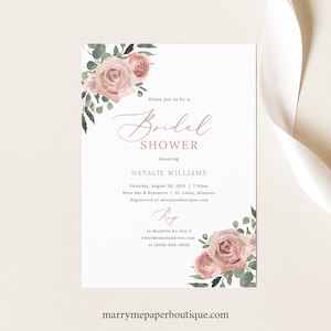 Bridal Shower Invitation Template, Dusky Pink Floral, Bridal Shower Invite, Printable, Dusty Pink, Templett INSTANT Download, Editable