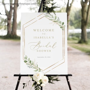 Bridal Shower Welcome Sign Template, Greenery Hexagonal, Editable & Printable Instant Download, Templett, Try Before Purchase