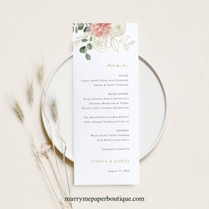 Wedding Menu Template, Blush & Gold Flowers, Thin Menu Printable, Elegant Wedding Table Menu Card, Editable, Templett INSTANT Download