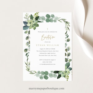 Lush Greenery Baptism Invitation Template, Printable Baptism Invite, INSTANT Download, Editable, Templett