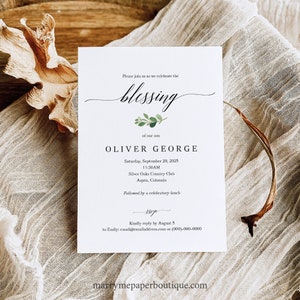 Blessing Ceremony Invitation Template, Greenery Leaf, Baby Blessing Invitation Card, Printable, Editable, Templett INSTANT Download