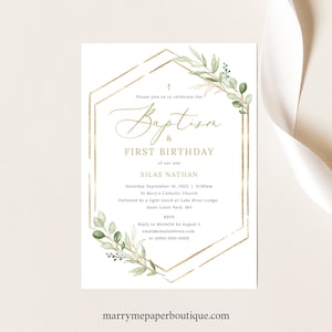 Baptism & First Birthday Invitation Template, Greenery Hexagonal, Baptism Birthday Invite, Printable, Editable, Templett INSTANT Download