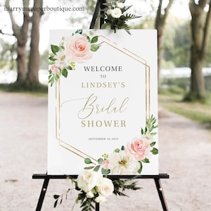 Bridal Shower Sign Template, Try Before Purchase, Editable Instant Download, Blush Floral Hexagonal